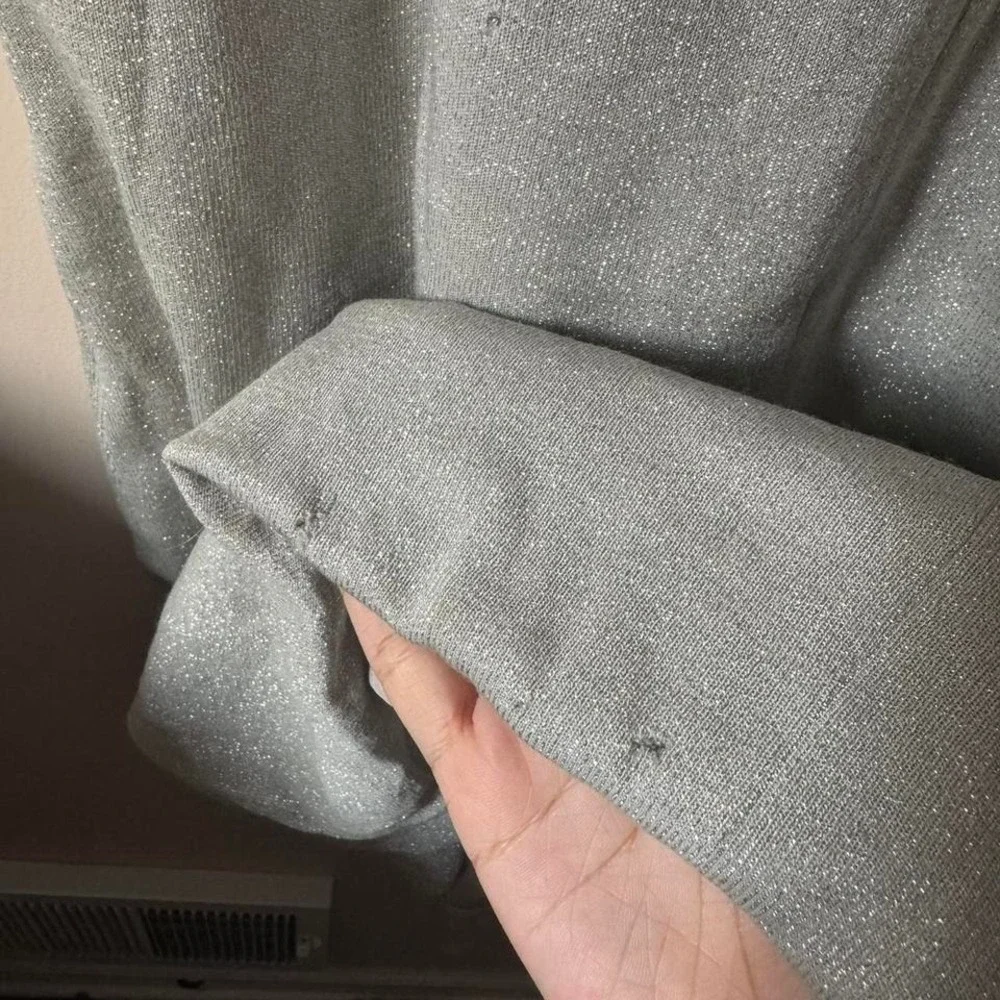 70s Silver Lurex Maxi Dress Disco Metallic Showgirl Shirt Collar Medium Vintage - Picture 5 of 9